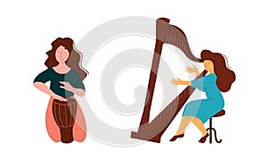 Woman Musician Instrumentalist Performing Music Playing Musical Instrument Vector Set photo