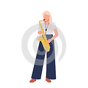 Woman musician jazz band participant, female saxophonist cartoon character isolated on white