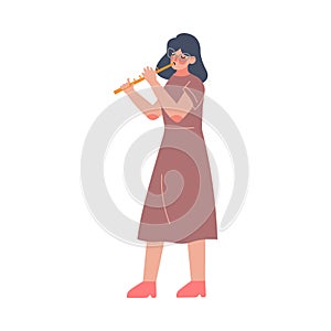 Woman Musician Playing Flute, Classical Music Performer Character with Musical Instrument Flat Style Vector Illustration