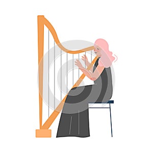 Woman Musician Playing Harp, Classical Music Performer Character with Musical Instrument Flat Style Vector Illustration