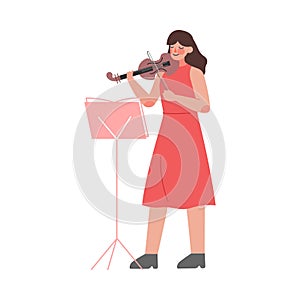 Woman Musician Playing Violin, Classical Music Performer Character with Musical Instrument Flat Style Vector