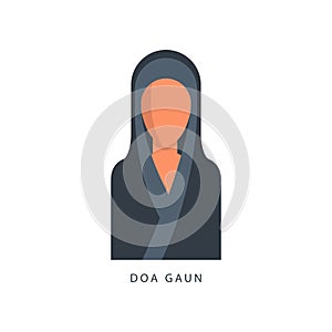 Woman in Muslim Doa Gaun headdress, female avatar in traditional Islamic clothing vector Illustration on a white