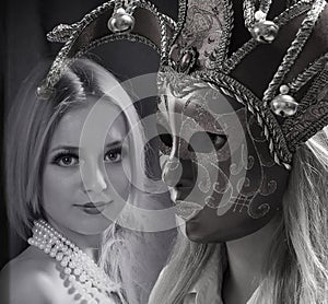 Woman in mysterious Venetian mask. Beauty collage. Faces of women. Fashion photo.