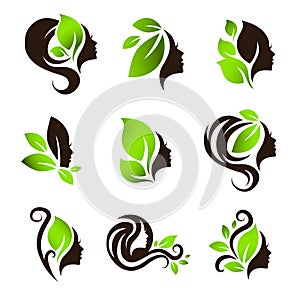 Woman Natural Beauty Hair Spa Salon Logo Design Set
