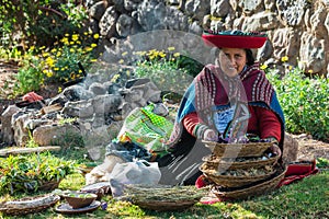 Woman with natural dyes peruvian Andes Cuzco Peru