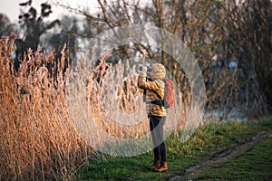 Woman naturalist is watching birds with binoculars