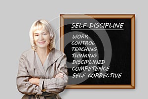 Woman near boarg with text Self Discipline, Control, Work, Thinking, Disciplined