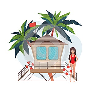 A woman near a life buoy. Beach lifeguard girl in a swimsuit. For banners. Cartoon anime style. Vector illustration