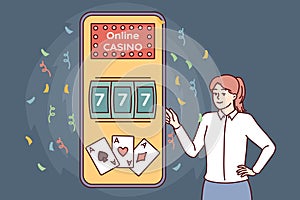 Woman near phone with online casino offers to use gambling apps with possibility of getting jackpot