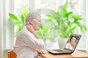 Woman neck pain doctor online consultation photo