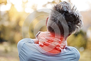 Woman, neck pain and hands on red injury after exercise, running and cardio workout outdoor with burnout, stress and