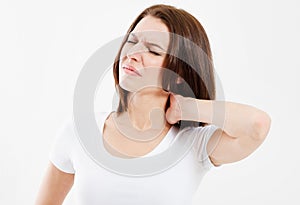 Woman with neck pain isolated over white background