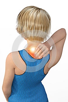 Woman with neck pain, muscle pain, tearing and twisting. Cervicalgia, symptoms of torticollis. Contracture of the trapezius and of photo