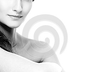 Woman neck shoulder lips nose chin cheeks black and white