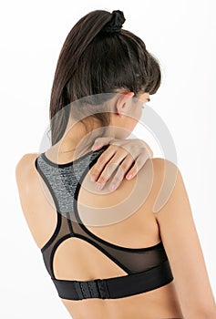 Woman neck and shoulder pain and injury. Health care and medical concept