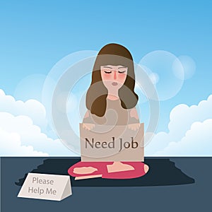 Woman need job asking for help write in cardboard