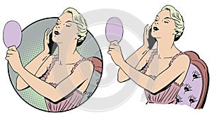 Woman in negligee with mirror. Stock illustration.