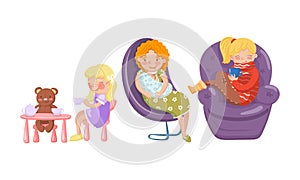 Woman Nestling in Armchair and Drinking Hot Tea and Kid Sitting on Chair and Playing Toy Bear Vector Illustration Set