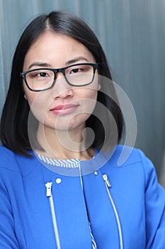 Woman with neutral expression closeup