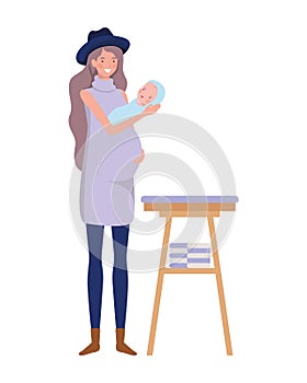 Woman with newborn baby in the diaper changing