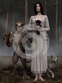 Woman in Nightgown with Monster