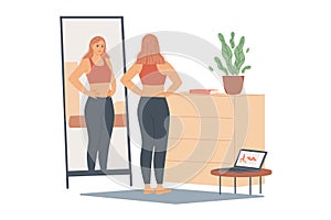 Woman not happy with her weight, she looks at her belly and waist, stands in front of a mirror and looks at her body
