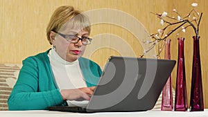 Woman with notebook. Senior woman types text using laptop