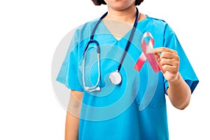 Woman nurse in clinic uniform holding support HIV AIDS awareness red ribbon