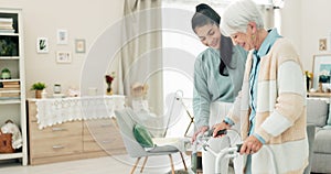 Woman, nurse and walker in elderly care for physiotherapy, support or trust at old age home. Female physio or caregiver