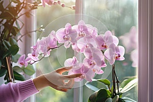 Woman nurtures a blooming pink orchid photo