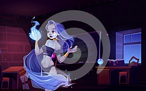 Woman nymph in magic school interior, fantasy girl