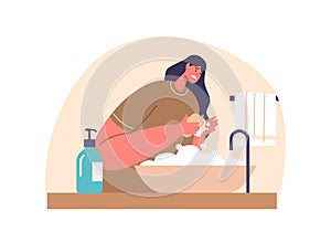 Woman with Obsessive-compulsive Disorder, Ritualistically Washing Hands, Driven By Relentless Fear, Vector Illustration