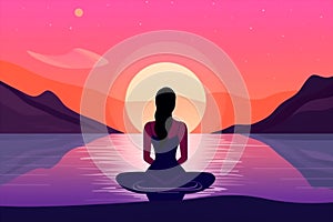 woman ocean yoga relaxation lotus exercise sea meditation balance back person. Generative AI.