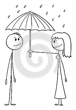 Woman Offering Umbrella in Rain to Man, Love and Protection, Vector Cartoon Stick Figure Illustration
