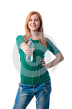 Woman offers a water bottle