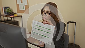 Woman in office analyzing document at desk with computer suitcase in background and glasses focus