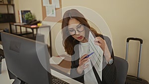Woman in office analyzing document at desk with computer suitcase in background and glasses focus