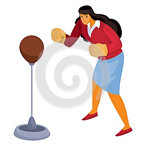 Woman in office clothes stands in front of us and hits a sports punching bag with boxing gloves, aggression, defense