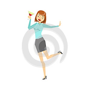 Woman In Office Clothes And Wine Glass Dancing, Part Of Funny Drunk People Having Fun At The Party Series