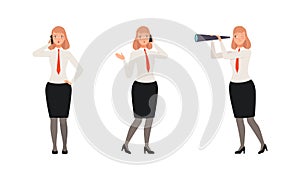 Woman Office Employee Character Wearing Suit and Red Tie Watching Spyglass and Speaking by Phone Vector Set