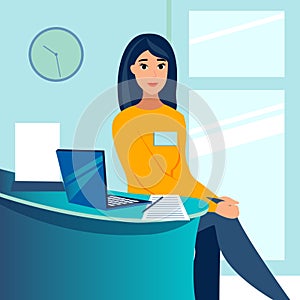 Woman, office employee, secretary, administrator in the workplace. In minimalist style. Cartoon flat vector