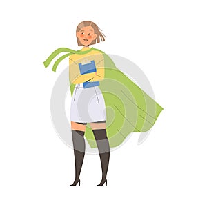 Woman Office Employee Standing in Superhero Cloak with Folded Hands Vector Illustration