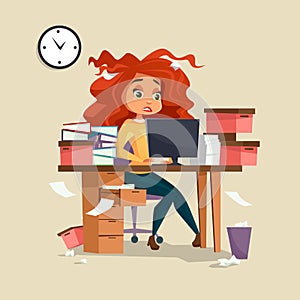 Woman in office stress illustration of cartoon girl manager working deadline overwork with disheveled messy hair