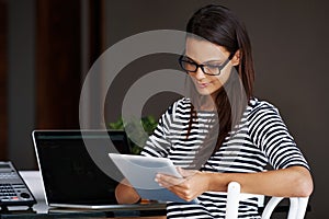 Woman, office and tablet at desk for work as legal secretary with technology to manage or schedule meetings with clients