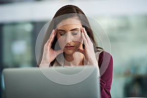 Woman, office and tired with laptop for research at company with deadline or overtime for career growth. Female person