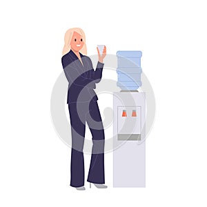 Woman office worker cartoon character drinking fresh purified water from cooler isolated on white