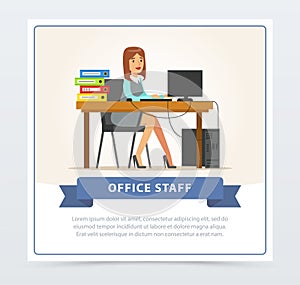 Woman office worker character working at computer. Business woman or clerk sitting at her desk with folders. Flat