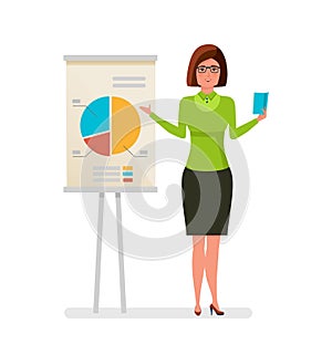 Woman, office worker, conducting conferences, presentation, business training, financial analysis