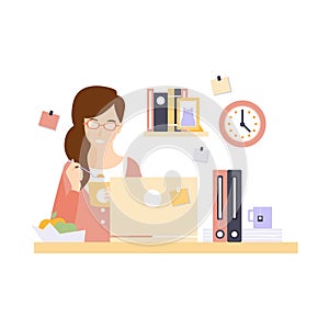 Woman Office Worker Eating Lunch In Office Cubicle Having Her Daily Routine Situation Cartoon Character