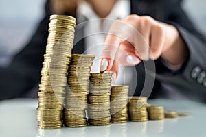 Woman office worker pointing a finger at a stack of coins on a glass table.